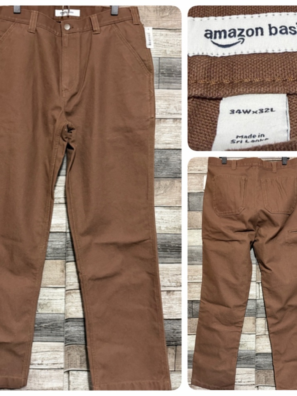 Amazon Basics Canvas Work Pants Men’s 34x32 Chocolate Brown Heavyweight